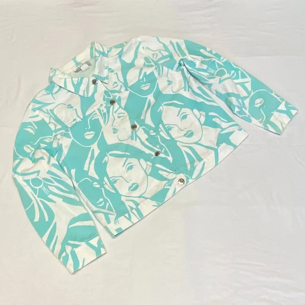 Impulse California Trucker Jean Jacket M White Aqua Pop Art Graphic Female Faces - Picture 8 of 12